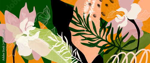 Tropical foliage art background vector.Digital print design with palm, floral and leaves with watercolor brush texture. Canvas art for wallpaper, wall arts, prints, fabric, pattern and packaging.
