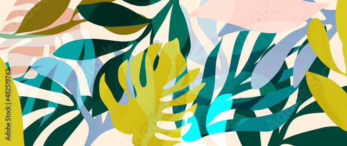 Tropical foliage art background vector.Digital print design with palm, floral and leaves with watercolor brush texture. Canvas art for wallpaper, wall arts, prints, fabric, pattern and packaging.
