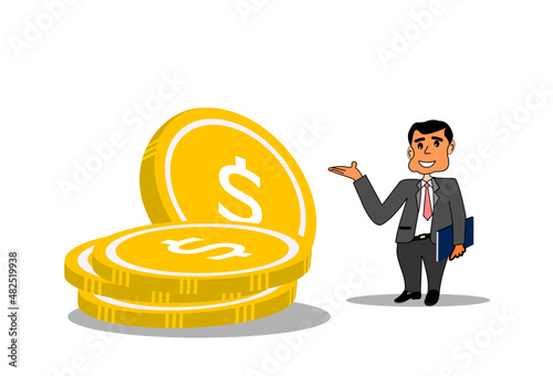 3D illustration of a smiling man holding a financial file and standing next to a large pile of gold coins. cartoon businessman successful investors Financial advisor, savings concept