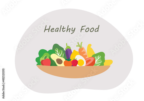 Healthy food concept, vegetables, fruits, water and milk vector illustration