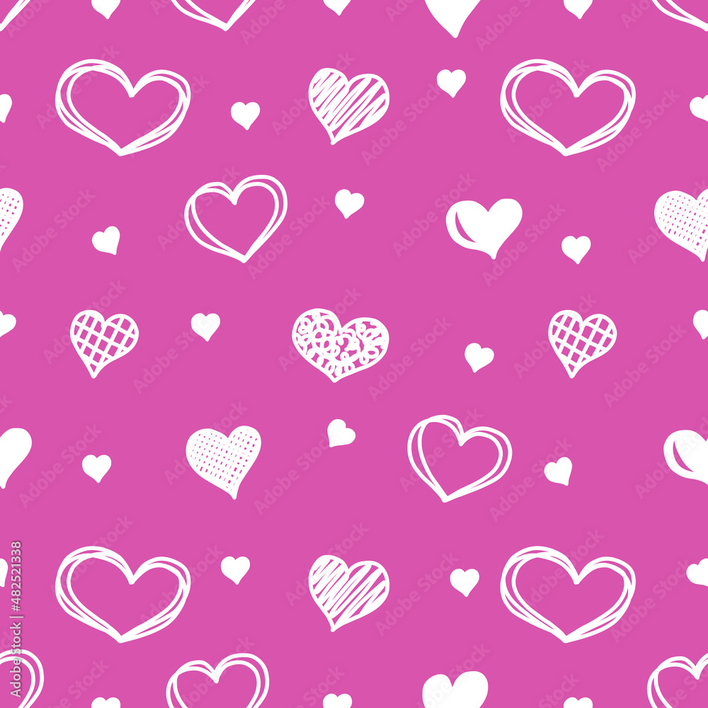 Simple seamless pattern with hearts white on a pink background. Delicate children's background for clothes.