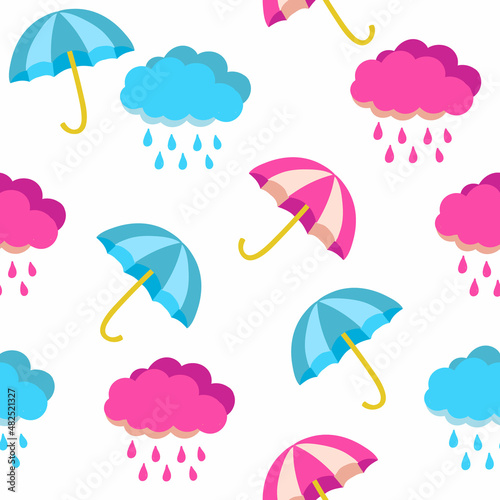 Pink and blue umbrellas and rain clouds. Seamless background