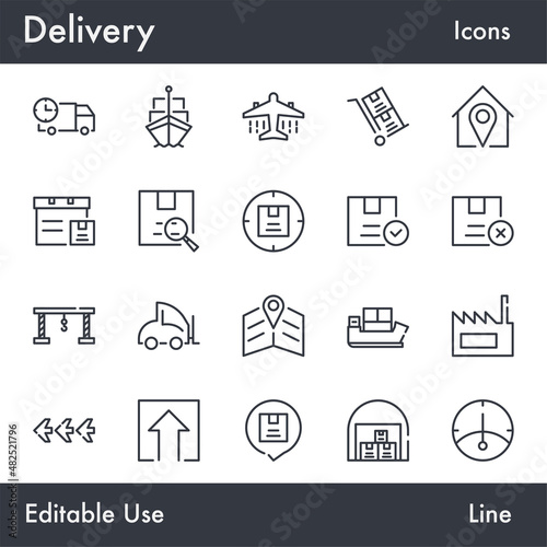 Shipping and Logistic vector line icon set. Contains linear outline icons like Shipment, Transport, Delivery, Airplane, Warehouse, Truck, Map, Cargo, Box. Editable use and stroke for Web.