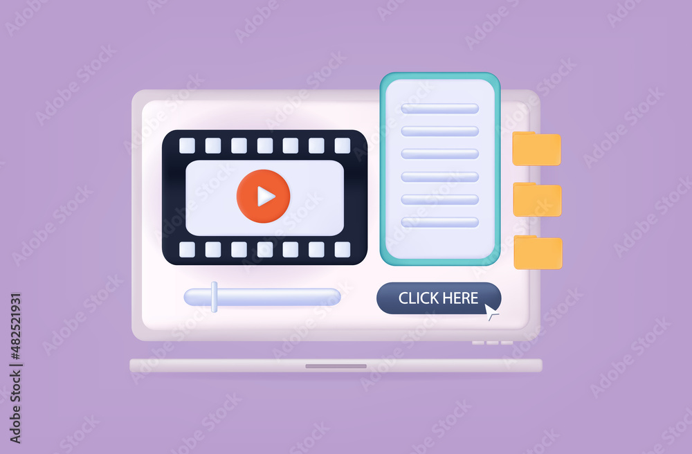 3d movie, watching video. Film strip on laptop screen. User interface, vlog or movie. Animation or cinematography concept. Choice of entertainment program on television. Watch movie online. Vector 3d movie, watching video. Film strip on laptop screen. User interface, vlog or movie. Animation or cinematography concept. Choice of entertainment program on television. Watch movie online. Vector