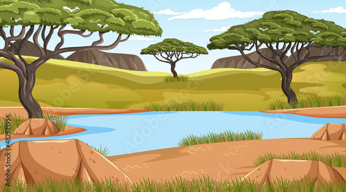 Savanna forest landscape with river and trees