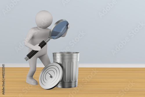 man with magnifier and garbage bin. 3D illustration