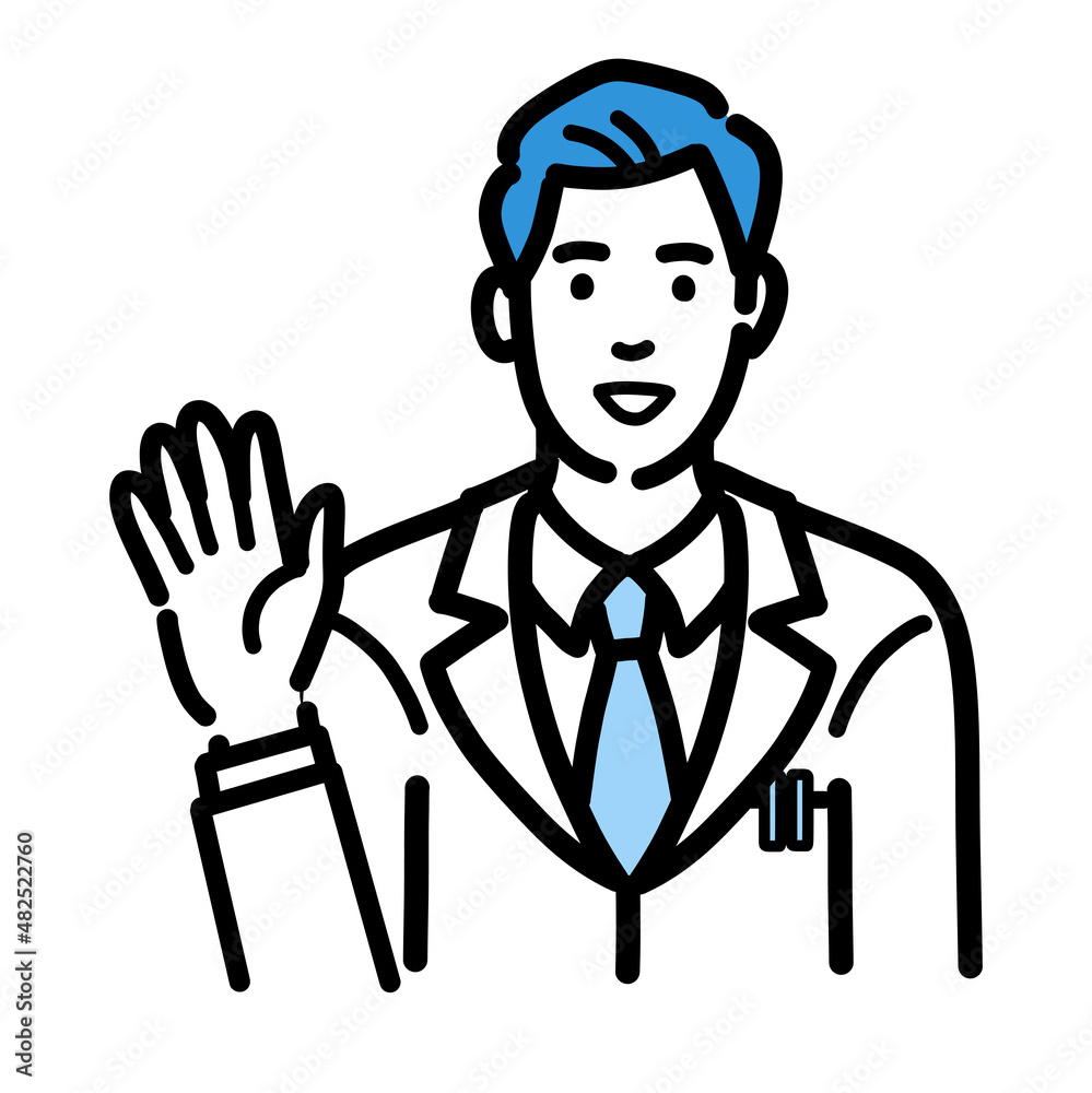 手を挙げて笑顔で挨拶をしている白衣を着た若い男性医師
手を挙げて笑顔で挨拶をしている白衣を着た若い男性医師