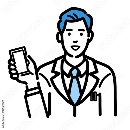 スマートフォンを持っている白衣を着た若い男性医師
