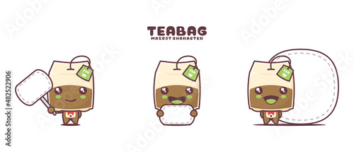 vector tea bag cartoon mascot, with blank board banner