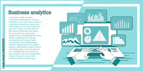 Business analytics.A businessman on a laptop studies graphs and data for doing business.The concept of control over the business process.An illustration in the style of a green landing page.