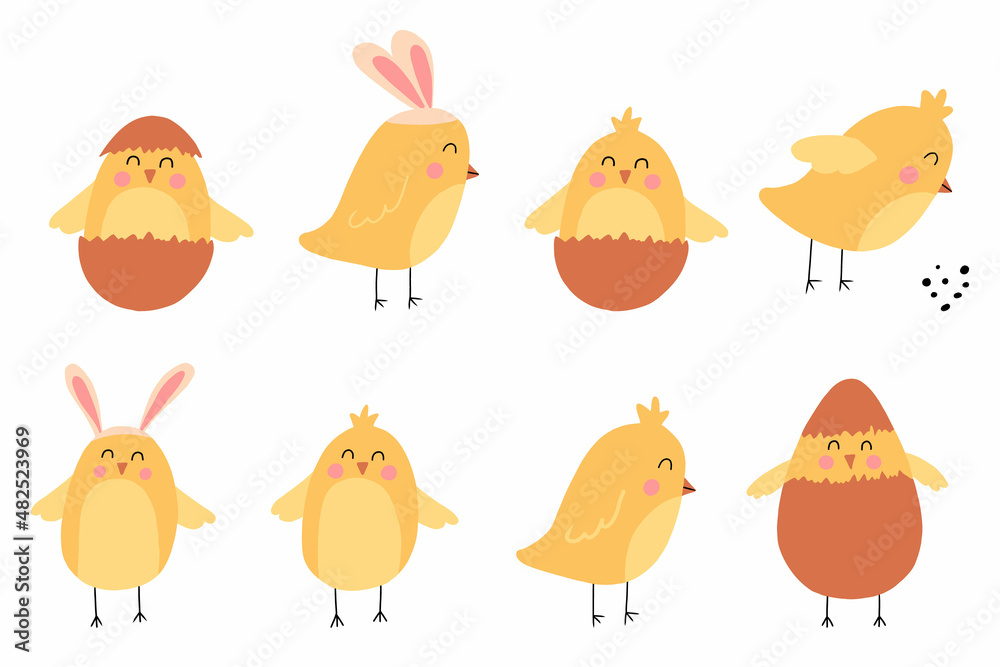 Vector set of cute chickens. Children's drawings of chickens. Chicken with rabbit ears. Easter chick. Vector set of cute chickens. Children's drawings of chickens. Chicken with rabbit ears. Easter chick.