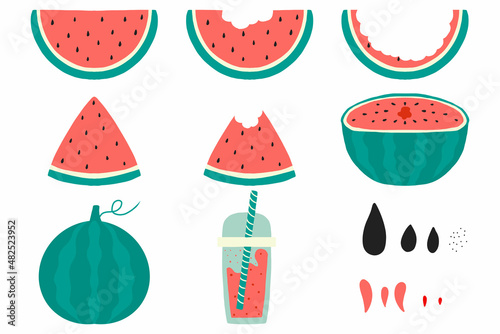 Hand-drawn set of juicy watermelon slices. Tasty watermelon.