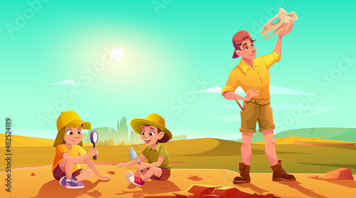 Kids explore archaeology and dino fossils, children play in archaeologists on excavations, digging soil, exploring artifacts with glass. Adult man holding dinosaur skull, cartoon vector illustration