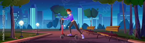 Girl ride on electric scooter in city park at night. Vector cartoon illustration of summer landscape with public garden with trees, street lights, benches and woman driving on electrical kick scooter
