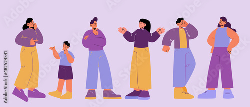 Thoughtful people, doubtful men, women or kids think, solve task, choose right decision. Pensive characters scratch forehead or chin searching solution, develop idea, Line art flat vector illustration