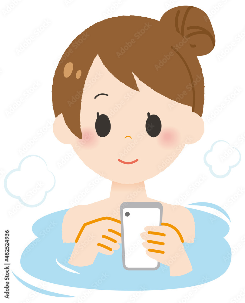 A woman operating a smartphone in the bath. A woman operating a smartphone in the bath.