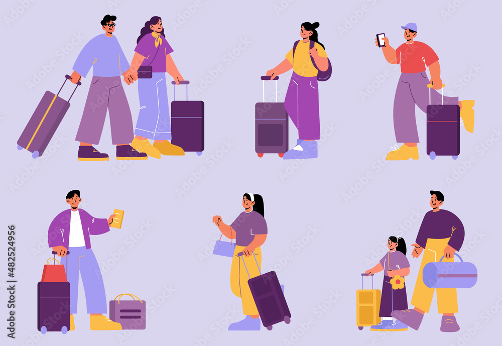 People with luggage, tourists travel with bags. Set of male and female characters traveling. Family couple, parent with kid, happy men and women walk with baggage, Line art flat vector illustration