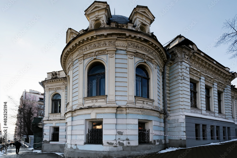 Side view of old building facade in Kyiv Ukraine