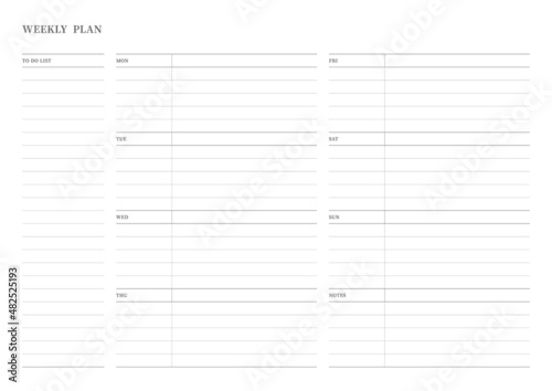 Note, scheduler, diary, calendar planner document template illustration. Weekly plan form.