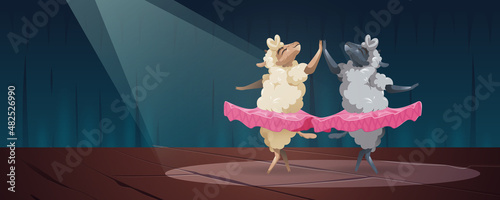 Cute sheep dance ballet on scene. Farm animals cartoon ballerina dancers wear pink tutu perform spectacle on stage with spotlights. Little fluffy lambs funny characters fun, Vector illustration
