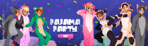 Pajamas party cartoon web banner. People in kigurumi animal jumpsuits rejoice with confetti and pillows. Teenagers wearing costumes frog, cat, cow and panda, pig, unicorn and bat, Vector illustration