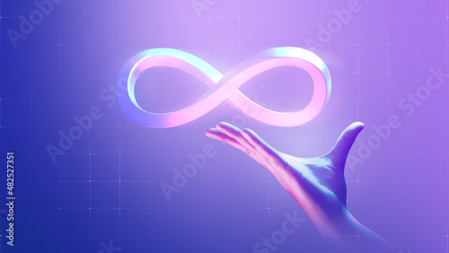 Hand holding endless infinity sign of virtual reality metaverse digital innovation vr game or internet future online simulation media cyber and world communication on connection technology background.