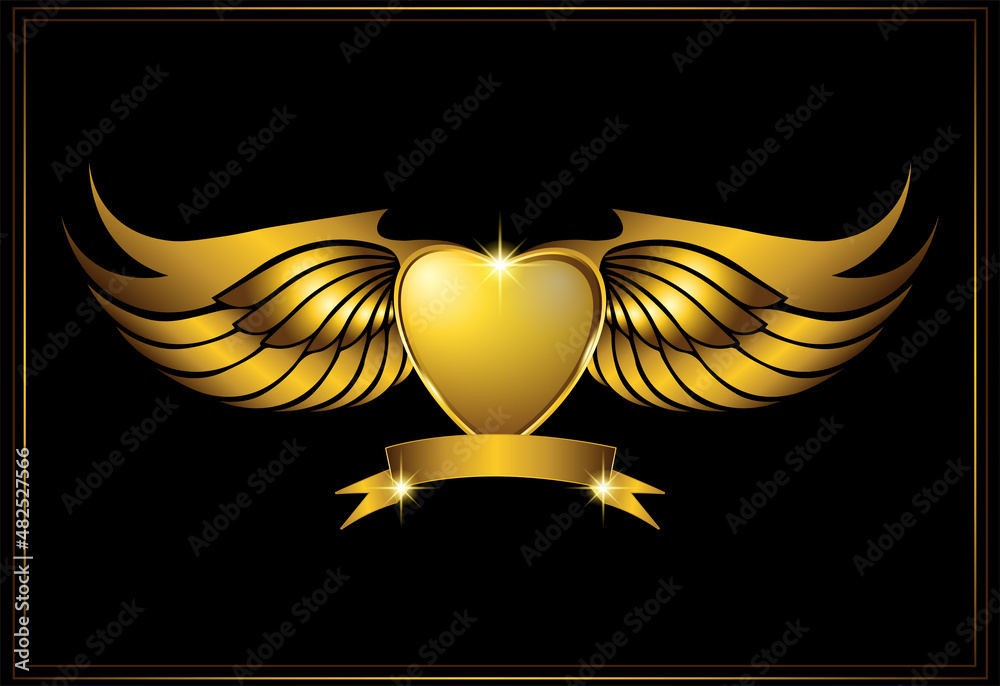 Golden wings logo with heart symbol glowing light on dark background ...