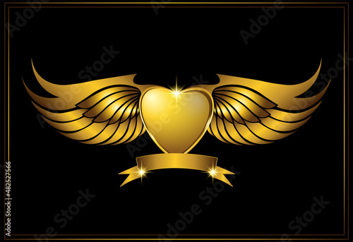 Golden wings logo with heart symbol glowing light on dark background 