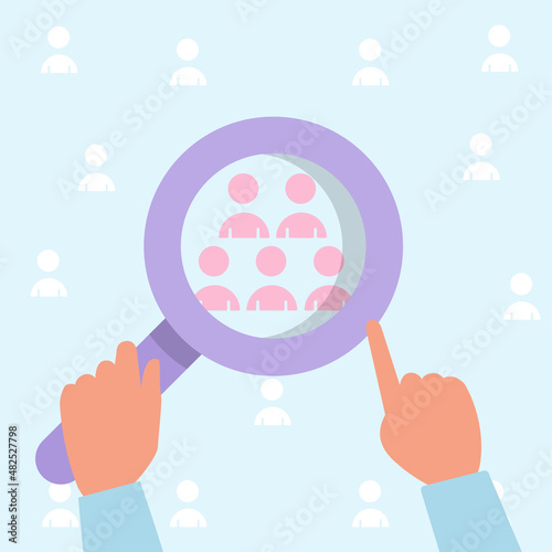 Hand holding magnifying glass find customer target group and market segmentation concept. people character vector design.