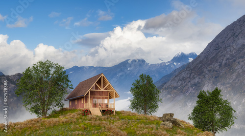 A-frame Cabin home on top of a mountain with beautiful view on rugged peaks. 3d Rendering. Nature landscape background from Alaska, USA. Sunny cloudy morning Artwork
