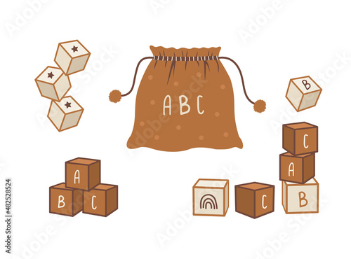 Boho baby wooden alphabet cubes. Hand drawn scandinavian element for newborn isolated on white background. Vector illustration in flat cartoon style.