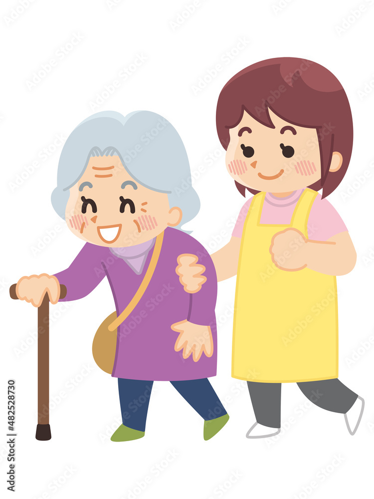 高齢女性に歩行介助を行う介護士　ヘルパー