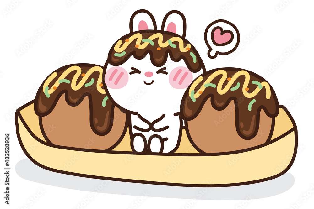 Cute rabbit sit with takoyaki on white background.Animal character