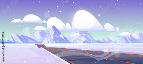 Car road to mountains on snow valley in winter. Vector cartoon illustration of landscape with empty asphalt highway, white rocks on horizon, snowfall and clouds in sky