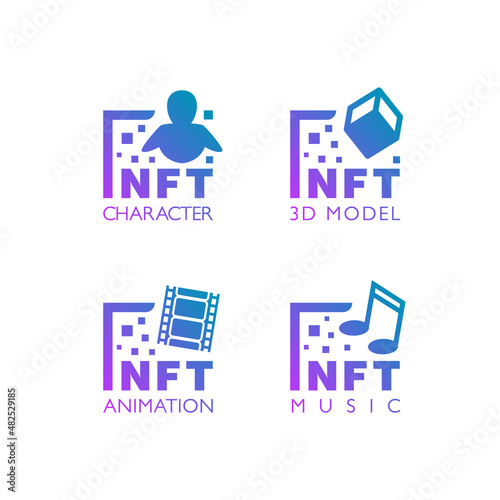 NFT art category icons set. Vector flat icons of different types of NFT such as character, animation, 3D and music.