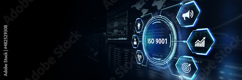 The concept of business, technology, the Internet and the network. virtual screen of the future and sees the inscription: ISO 9001. 3d illustration