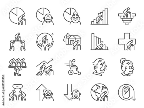 Aging society line icon set. Included the icons as a senior citizen, old people, population, Birth rate, and more.