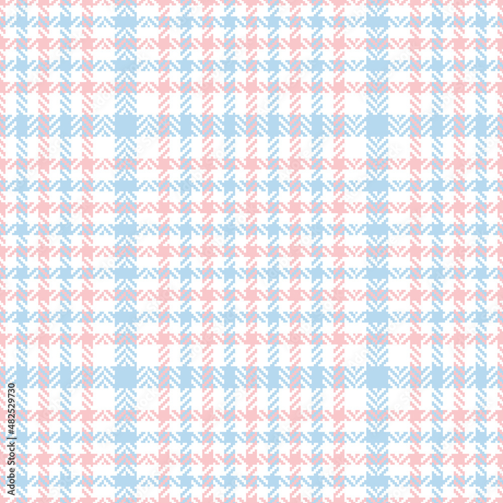 Tweed check plaid pattern for spring summer in pastel pink, blue, white. Seamless light herringbone tartan vector print for dress, jacket, coat, skirt, scarf, other modern fashion textile design.