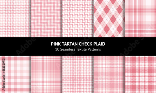 Plaid pattern set in coral pink and white for spring summer prints. Seamless light pastel gingham, tweed, houndstooth vector for flannel shirt, dress, jacket, coat, skirt, trousers, other textile.