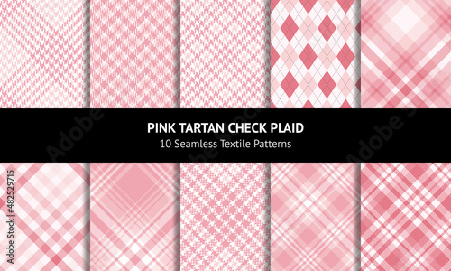 Plaid pattern set for spring summer in pink and white. Seamless gingham, tweed, houndstooth graphics in coral pink and white for flannel shirt, dress, jacket, coat, skirt, other modern fabric design.