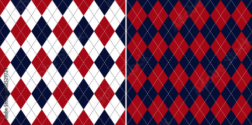 Argyle pattern in navy blue, red, white. Seamless geometric vector stitched argyll background for gift paper, socks, sweater, jumper, or other modern spring autumn winter classic fashion fabric print.