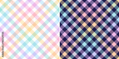 Gingham plaid pattern for spring summer in pastel colorful rainbow purple, blue, green, orange, yellow, pink, navy blue, white. Seamless vichy set for dress or other modern fashion textile print.