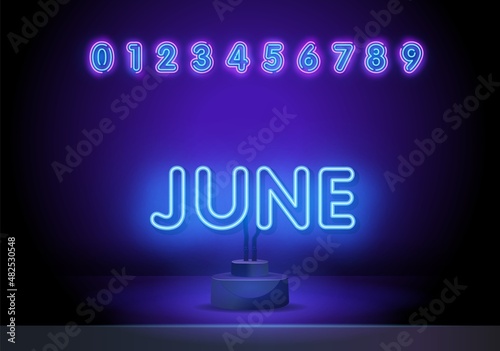 June. Neon glowing lettering on a dark wall background. Vector calligraphy illustration. June on a stand