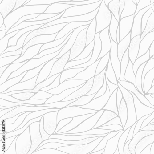 Petals pattern with wavy curved lines and scrolls on white background. Floral organic design for textile, fabric and wrapping. Trendy leaf abstract seamless geometric texture. Vector