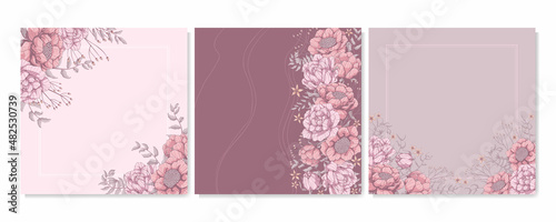 set of square background with pink roses, peonies and grey leaves. Banners template with floral motif. Place for text. Hand drawn vector illustration of flower.