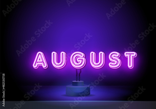 August. Neon glowing lettering on a dark wall background. Typography for banners, badges, postcard. Neon symbol for august Month