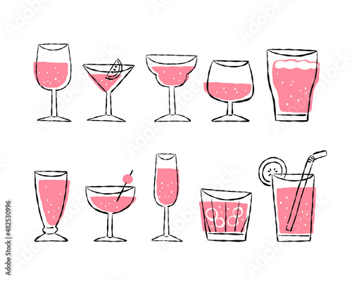 various of drink glasses with pink beverage