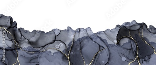 Luxury alcohol ink background with monochrome contrast design and golden paths elements, kitsugi, modern fluid art texture, hand drawn painting wallpaper, free white copy space