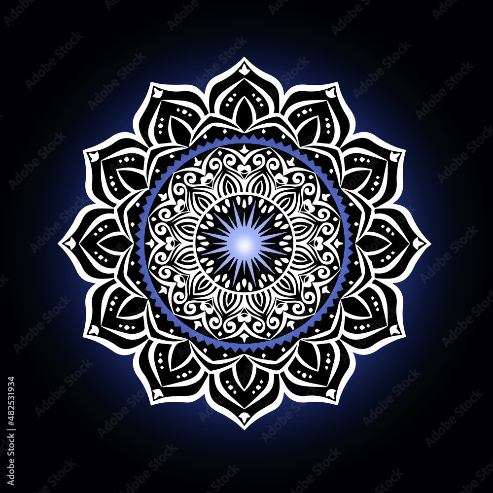 White round mandala on a dark blue background