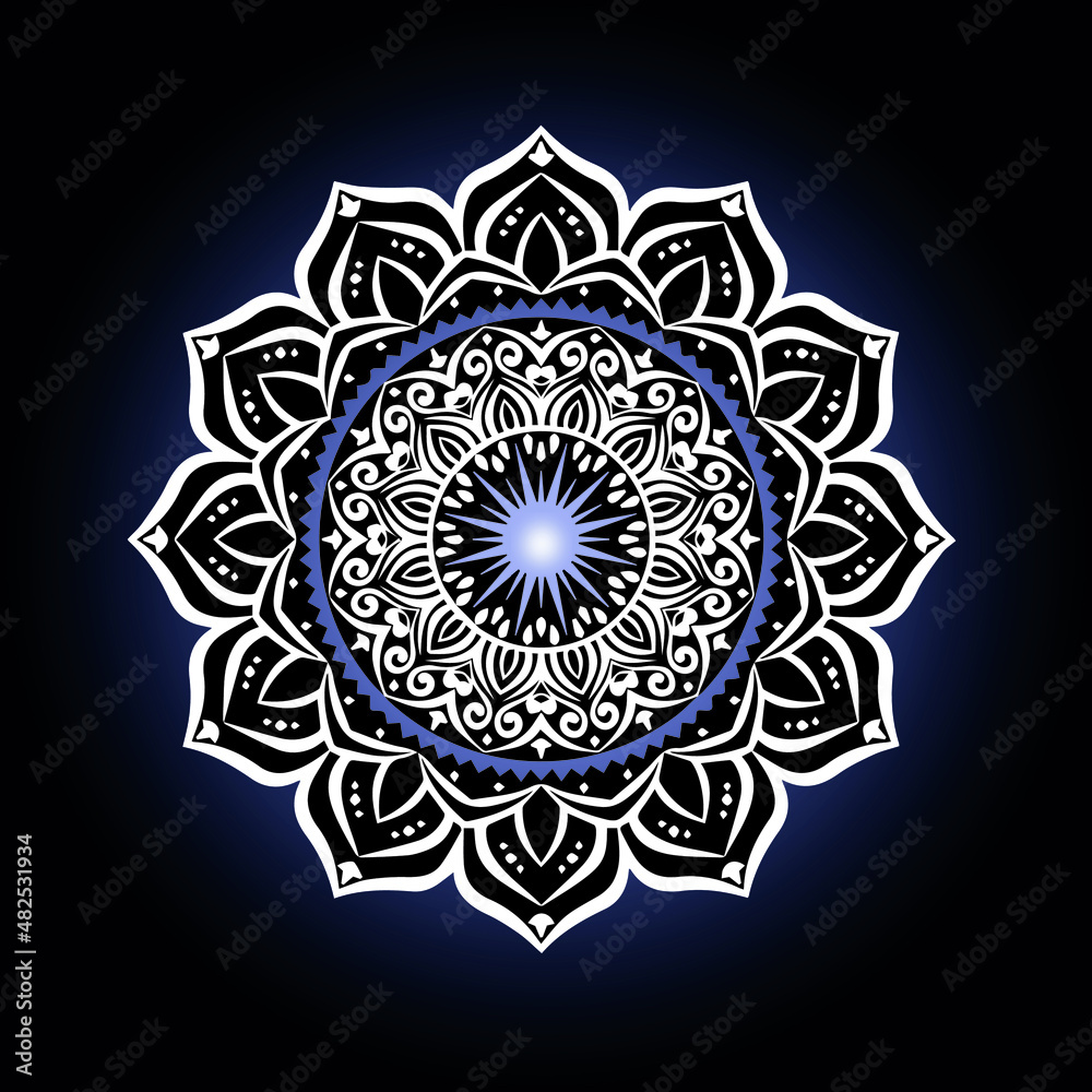 White round mandala on a dark blue background White round mandala on a dark blue background